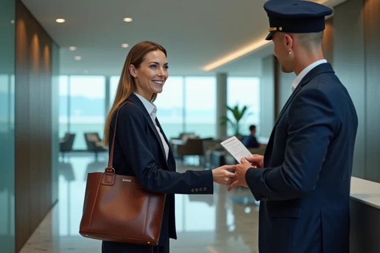 Voyageuse accédant au salon Air France en présentant sa carte de fidélité à la réception de l'espace lounge