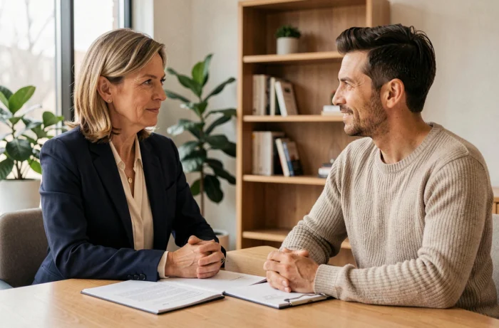 Professionnelle en séance d'accompagnement bien-être personnalisé avec un coach dans un bureau moderne et chaleureux