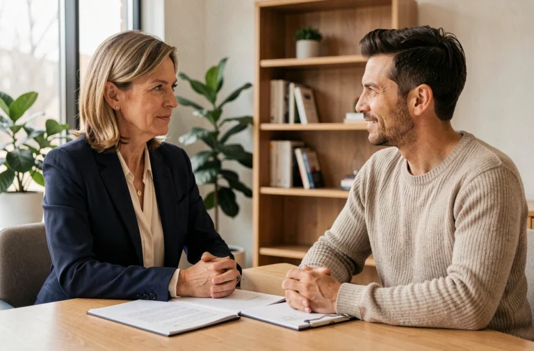 Professionnelle en séance d'accompagnement bien-être personnalisé avec un coach dans un bureau moderne et chaleureux