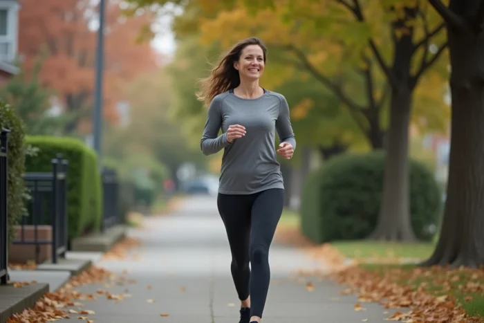 Femme marchant d'un pas vif et détendu sur un chemin arborisé urbain en tenue de sport lors d'une courte activité physique quotidienne