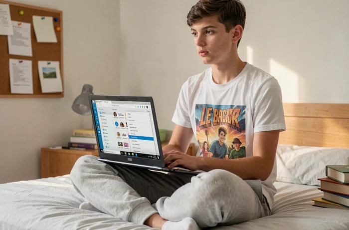 Adolescent configurant un raccourci Le Bon Coin sur son ordinateur portable dans sa chambre