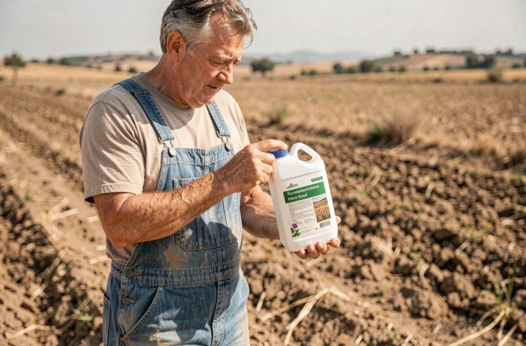 Agriculteur portugais lisant l'étiquette d'un herbicide à base de glyphosate dans un champ agricole de l'Alentejo