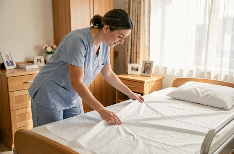Aide-soignante en EHPAD installant un drap de protection Sécuridrap sur un lit médicalisé