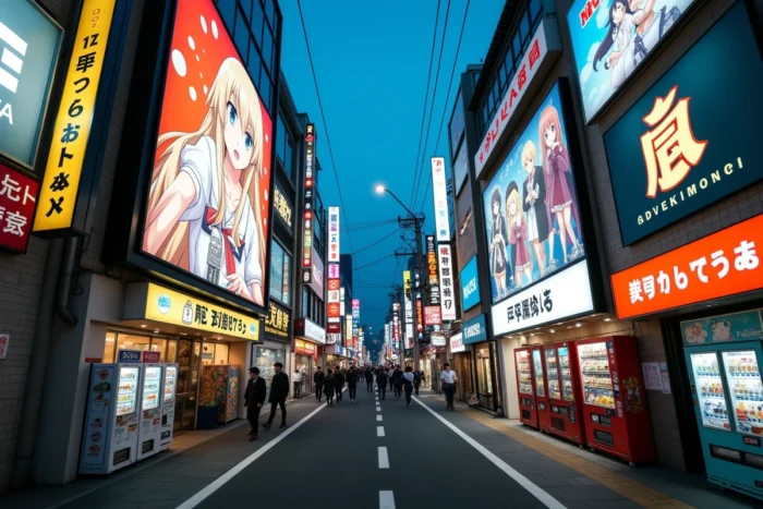 Vue de rue d'Akihabara à Tokyo avec des enseignes lumineuses représentant des personnages manga et anime sur les façades des boutiques