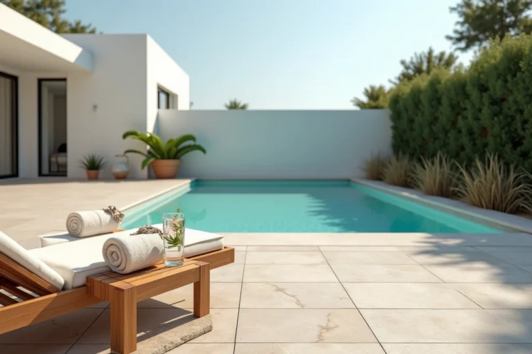 Terrasse de piscine moderne avec carrelage en travertin, transat en bois et piscine à débordement rectangulaire entourée de plantes méditerranéennes