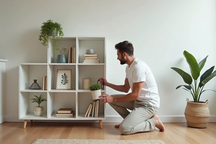 Personne agenouillée rangeant des livres sur une étagère dans un intérieur épuré et minimaliste pour réduire la surcharge mentale