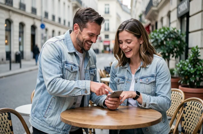 Deux amis découvrant des astuces Android ensemble en terrasse de café urbain