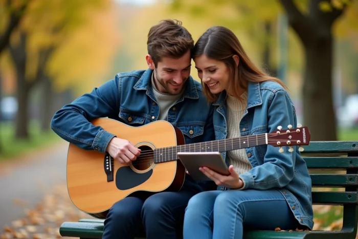 Deux amis guitaristes consultant ensemble des partitions gratuites sur tablette dans un parc en automne