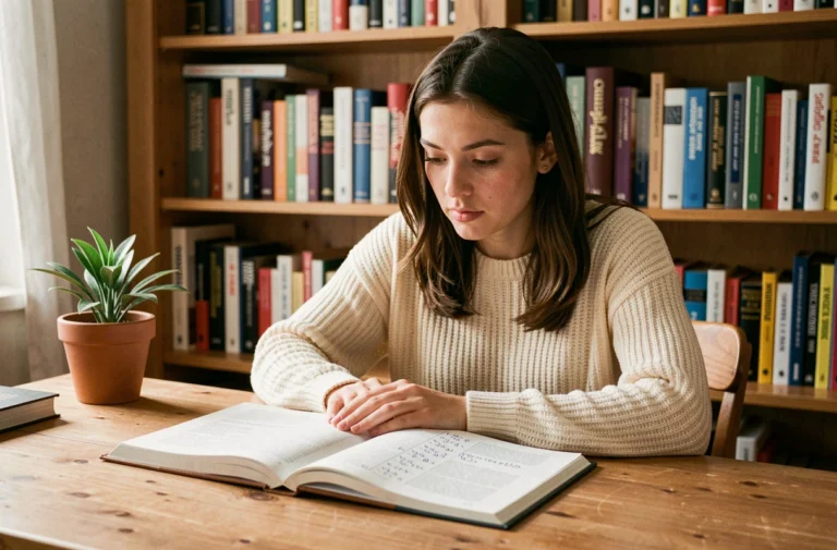 Jeune femme étudiant la conjugaison du verbe ser en espagnol dans un cahier de grammaire posé sur un bureau en bois
