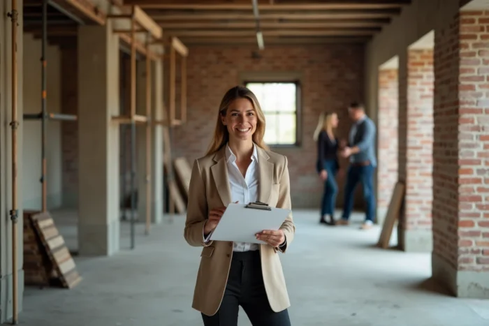 Architecte en visite de chantier discutant du devis de rénovation avec des propriétaires dans une maison en travaux
