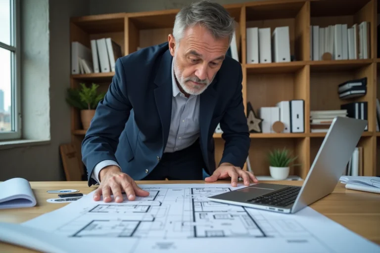 Architecte professionnel examinant des plans de rénovation dans un studio moderne, illustrant le coût d'un architecte pour travaux