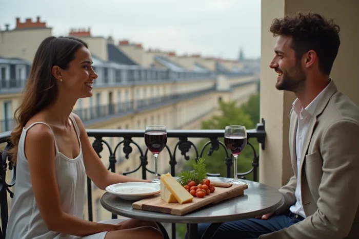 Couple partageant un apéritif avec charcuterie et vin rouge sur un balcon parisien style haussmannien, art de vivre à la française