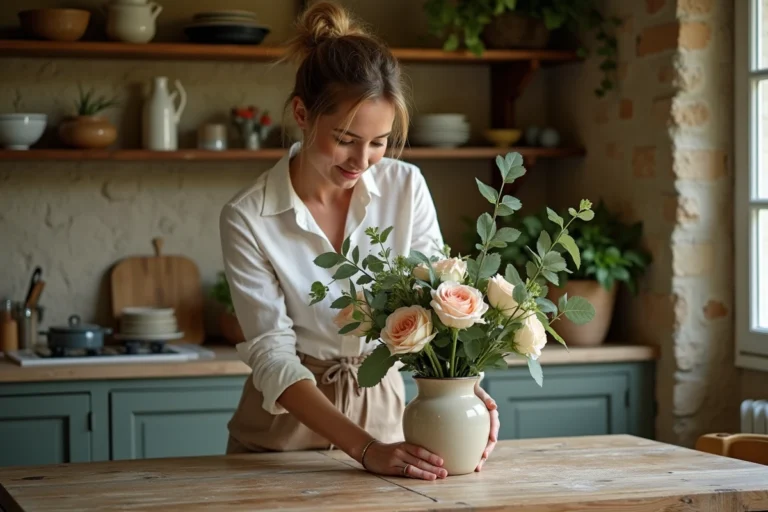 Femme française arrangeant un bouquet de roses dans une cuisine en pierre de style provençal, art de vivre à la française