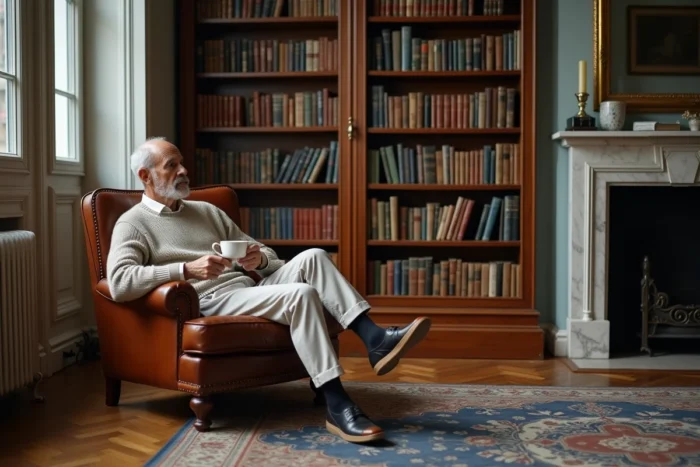 Homme français se relaxant avec un café espresso dans un salon classique parisien avec bibliothèque et parquet, art de vivre à la française