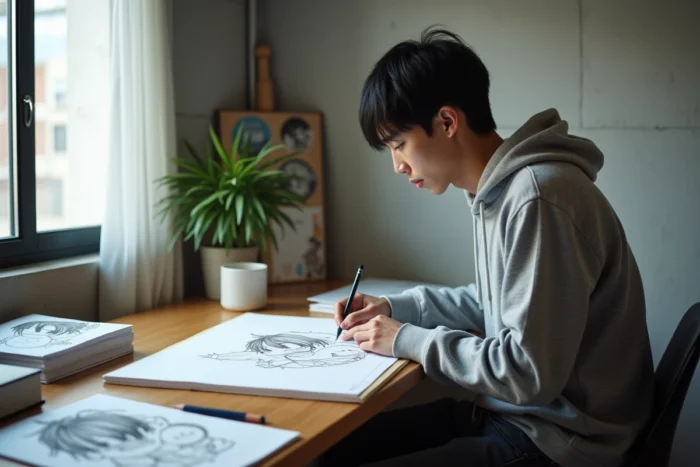Jeune artiste japonais dessinant des personnages manga dans un carnet de croquis dans son appartement minimaliste à Tokyo