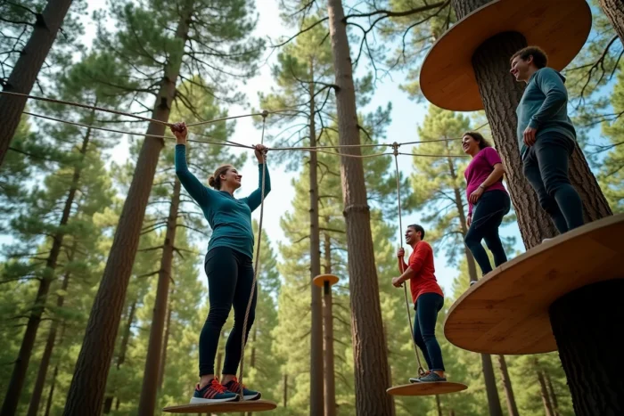 Groupe d'adultes traversant un parcours accrobranche dans les arbres du parc Aventure Land aux portes nord de Paris