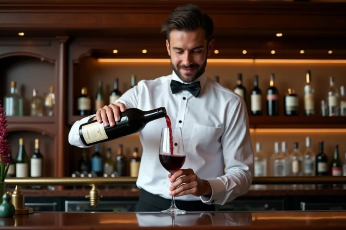 Barman versant du vin rouge dans le salon d'un bateau de croisière sur le Nil en Égypte
