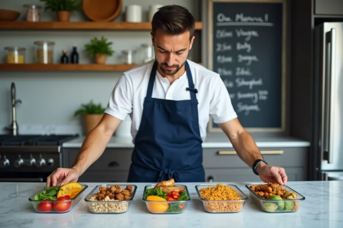 Homme préparant des repas variés en batch cooking avec des contenants colorés sur un plan de travail en marbre