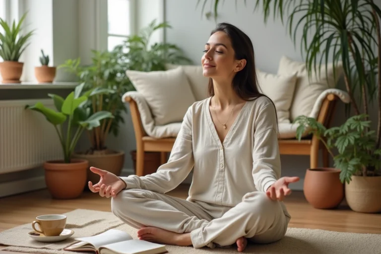 Femme sereine assise en tailleur sur un plancher en bois entourée de plantes, d'un journal et d'une tasse de thé, incarnant le bien-être au quotidien