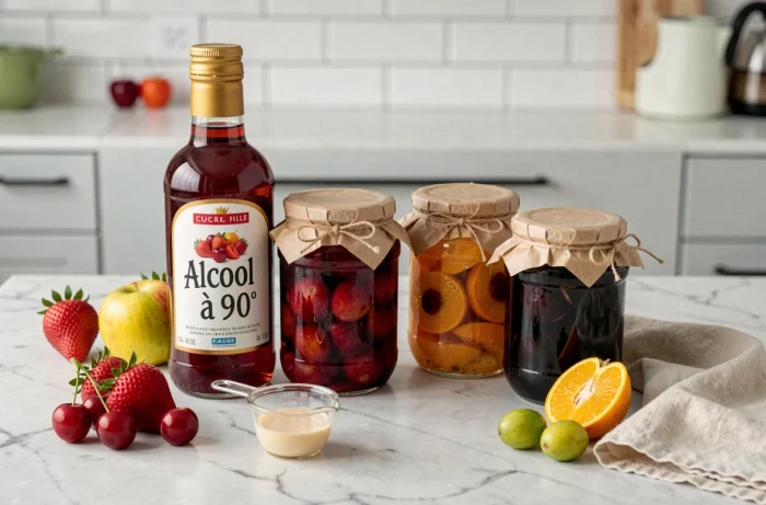Bocaux de fruits maison et flacon d'alcool 90 Leclerc pour la conservation des conserves artisanales