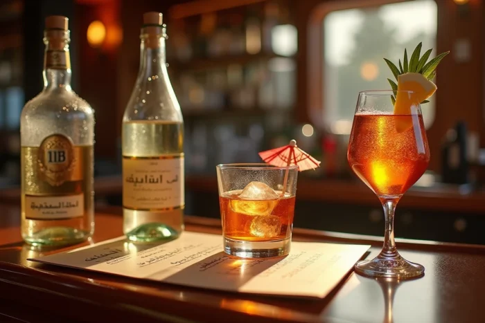 Sélection de boissons alcoolisées avec menu tarifé sur le comptoir d'un bar de croisière sur le Nil