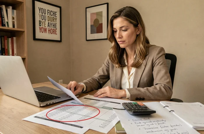 Entrepreneuse budgétisant les coûts cachés de production d'une collection de vêtements avec un tableur et une calculatrice