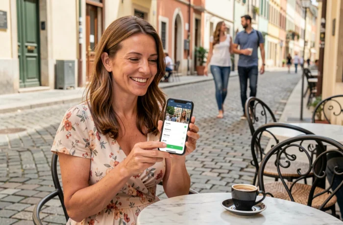Femme consultant une application de cagnotte en ligne pour financer un voyage de noces depuis une terrasse de café