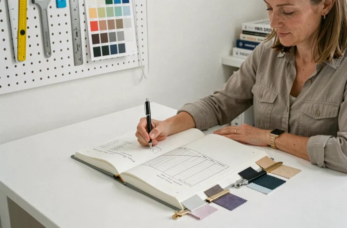Styliste rédigeant un cahier des charges textile avec des fiches techniques et des échantillons de tissu sur son bureau