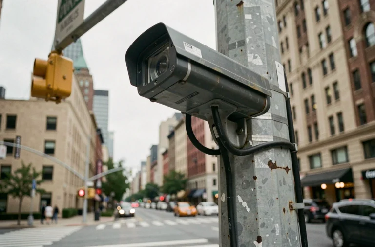 Caméra de surveillance installée au-dessus d'un feu rouge à une intersection urbaine, vue depuis le bas