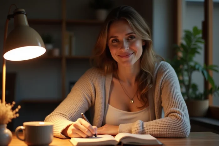 Femme écrivant dans un carnet de gratitude avec un stylo fin, assise à un bureau en bois chaleureux dans un coin intime de chez elle