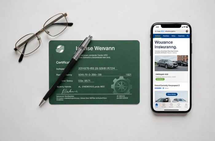 Carte verte d'assurance posée sur un bureau avec un smartphone et un stylo pour retrouver le numéro de contrat