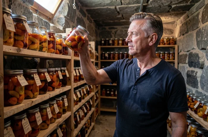 Homme inspectant des bocaux de conserves maison dans une cave, méthode de conservation à l'alcool 90