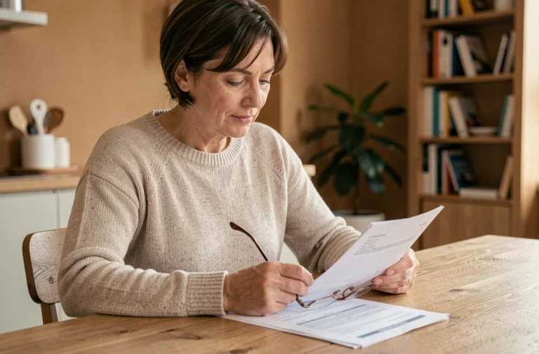 Femme d'une quarantaine d'années comparant des documents de mutuelle santé à une table en bois dans un appartement moderne
