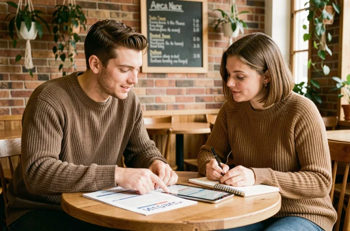 Deux étudiants ou jeunes professionnels collaborant sur des documents de référence Mega REF dans un café