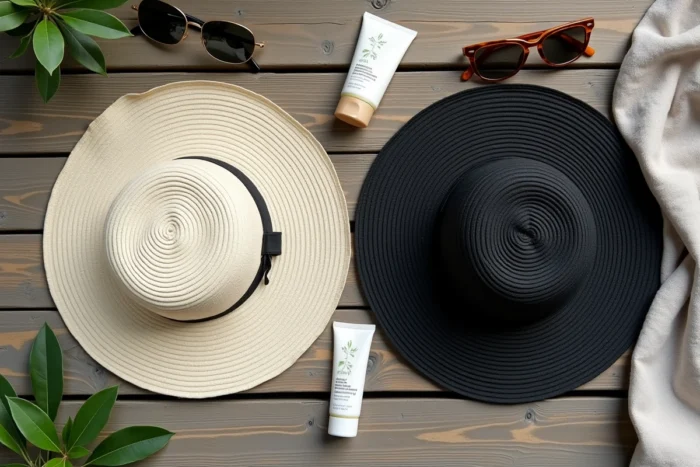 Vue de dessus de deux chapeaux blanc et noir posés sur une table en bois avec des accessoires de protection solaire estivaux