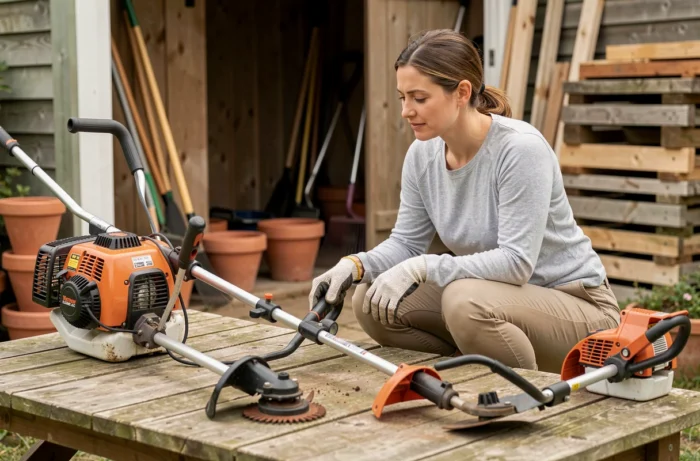 Femme comparant deux modèles de débroussailleuses posées sur une table de jardin avant achat