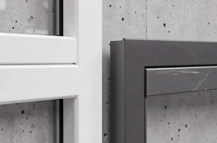 Comparaison côte à côte d'un profil de fenêtre blanc RAL 9016 et anthracite RAL 7016 en aluminium sur fond béton