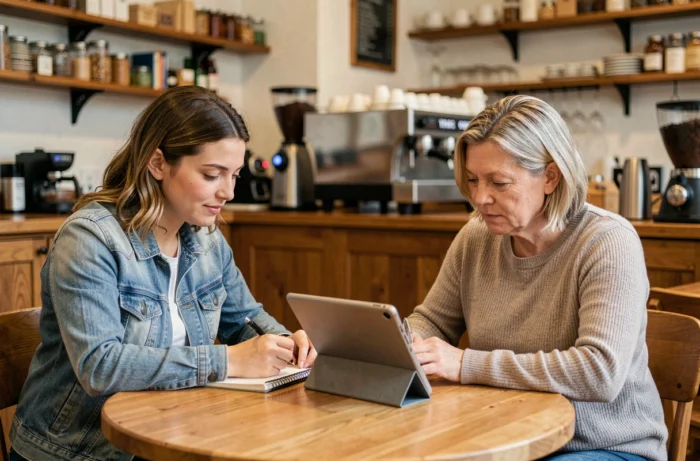 Deux femmes comparant des plateformes communautaires et d'avis consommateurs dans un café