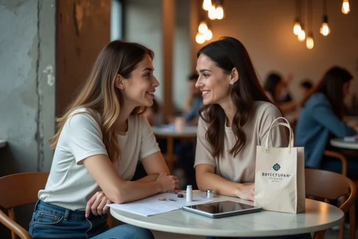 Deux femmes comparant des offres et produits beauté en ligne autour d'un tablet dans un café moderne