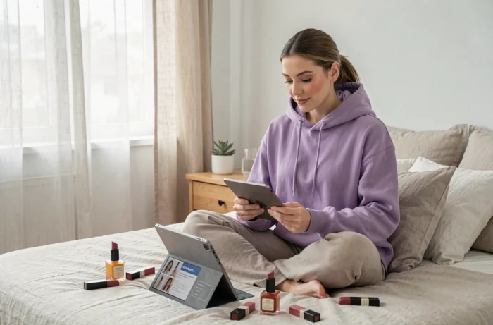 Jeune femme qui compare des produits de beauté sur une tablette depuis son lit entourée de cosmétiques