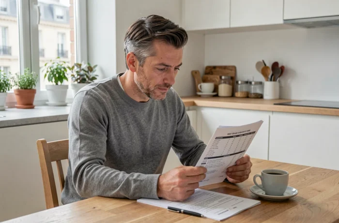 Homme lisant un comparatif de taux immobiliers Casden à domicile pour préparer son dossier de prêt