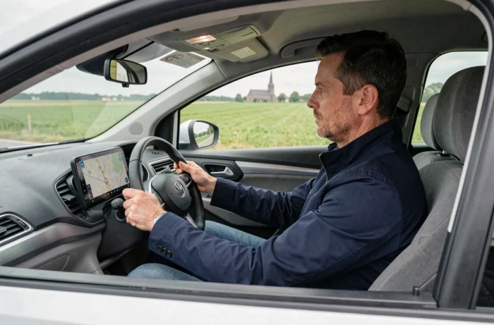 Homme conduisant une voiture de location sur une route de campagne en Belgique avec GPS