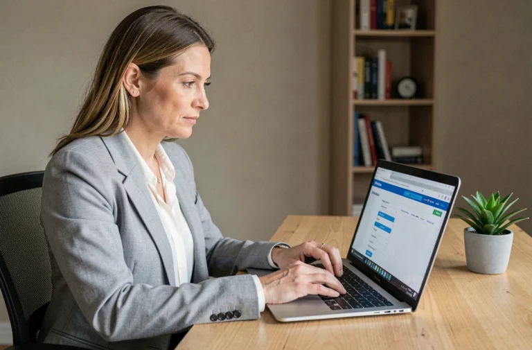 Femme configurant sa messagerie académique sur Outlook depuis un bureau à domicile