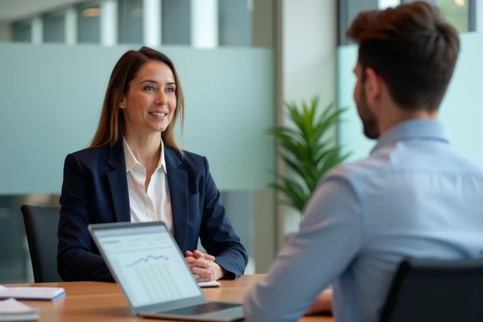 Conseillère financière expliquant les conditions d'un prêt immobilier à un client