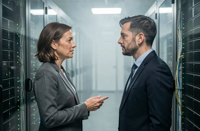 Consultante et technicien Geekosys discutant d'infrastructures serveur dans une salle informatique professionnelle