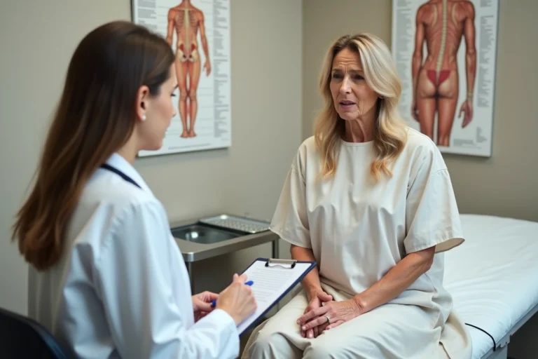 Femme d'âge mûr en consultation dermatologique pour un zona, discutant des symptômes avec son médecin