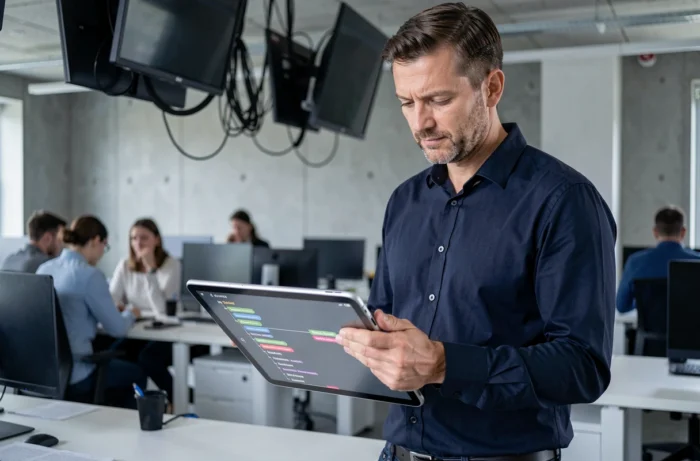 Homme consultant un plan de site sur une tablette dans un espace de travail ouvert et moderne