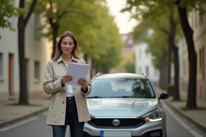 Femme examinant son contrat d'assurance petit rouleur MAIF à côté de sa voiture dans une rue résidentielle française