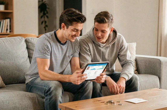 Couple de jeunes adultes consultant une application de finances personnelles sur une tablette dans leur salon