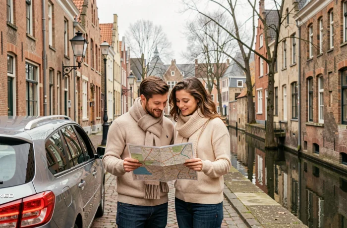 Couple consultant une carte routière devant une voiture de location dans les rues pavées de Bruges